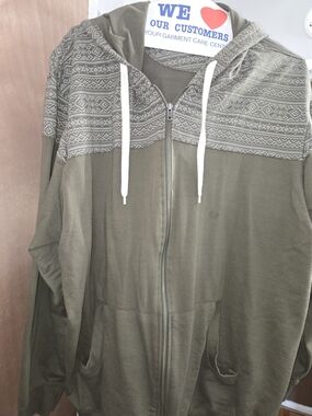 Olive Green Patterned Yoke Zip-Up Hooded Jacket